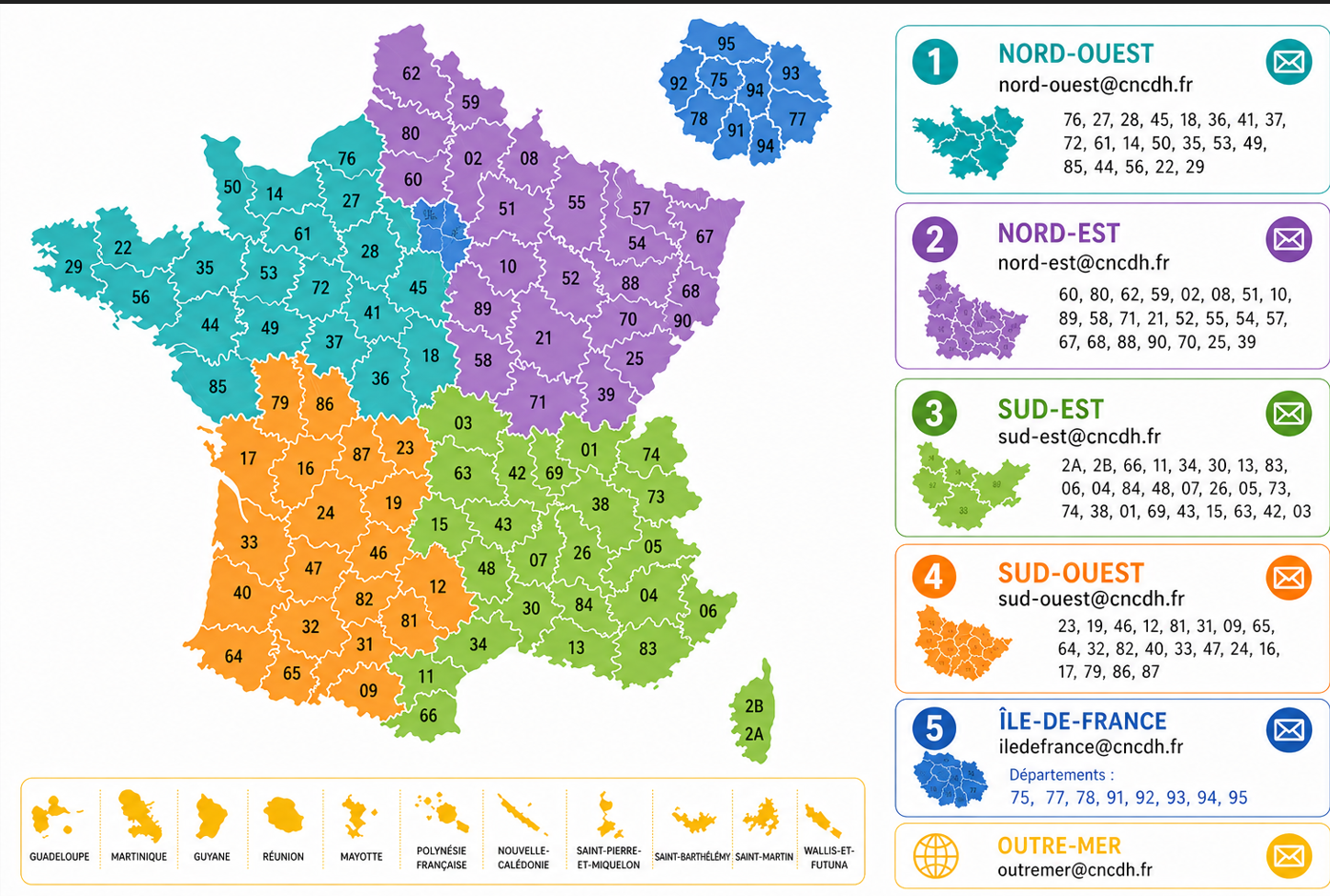 carte de France et des territoires d'outre-mers avec différentes couleurs et les contacts des référents territoriaux